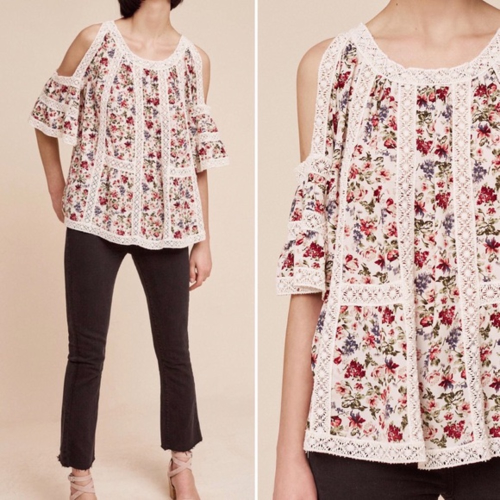 Anthropologie Open Shoulder Floral Blouse